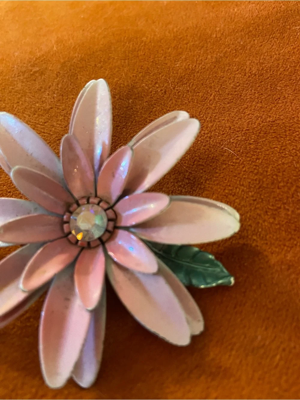 Vintage Pink Flower Petal Brooch with Green Leaf and Rhinestone Center